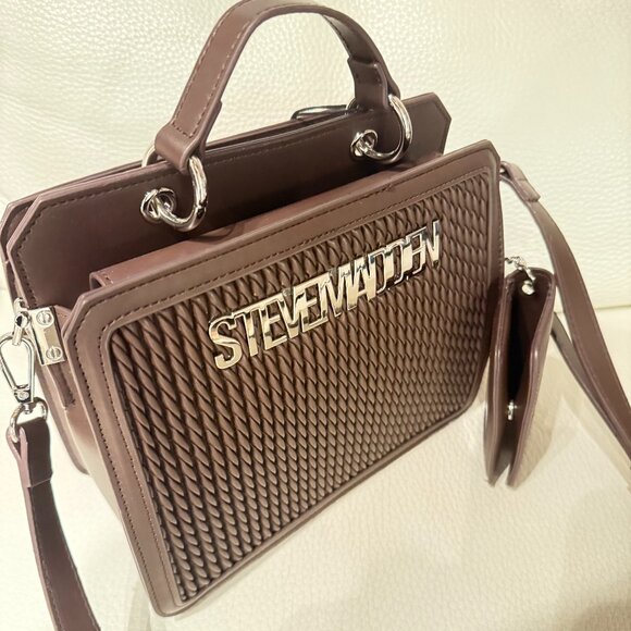 NWT STEVE MADDEN BEVELYN MATELASSE SATCHEL CROSSBODY BAG CREDIT CARD CASE BROWN - Picture 2 of 9